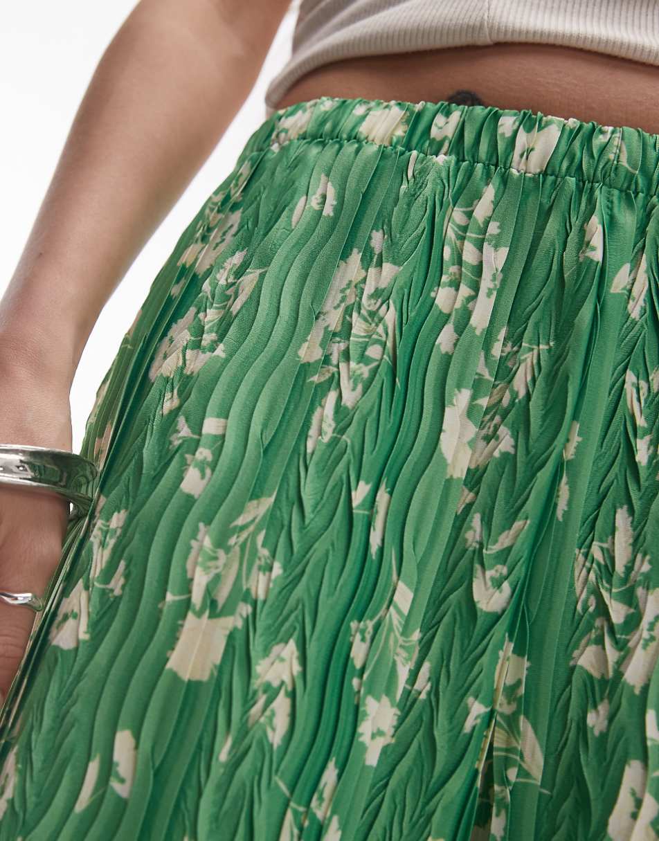 Topshop floral crinkle plisse wide leg pants in green