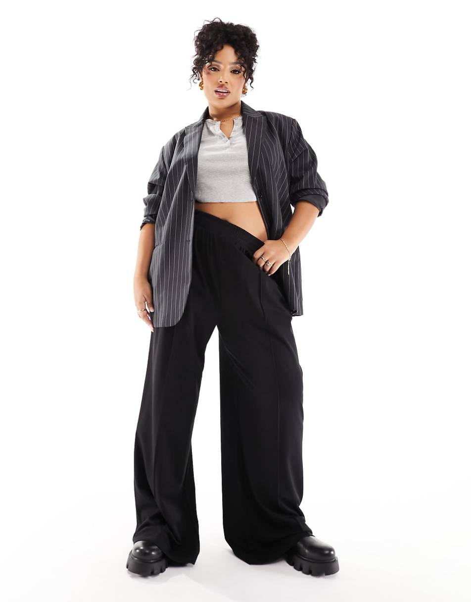 ASOS DESIGN Curve pull on slub wide leg pants in black