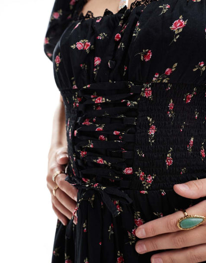 Miss Selfridge corset detail tiered maxi dress in black ditsy print