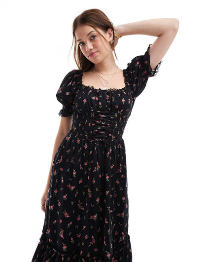 Miss Selfridge corset detail tiered maxi dress in black ditsy print