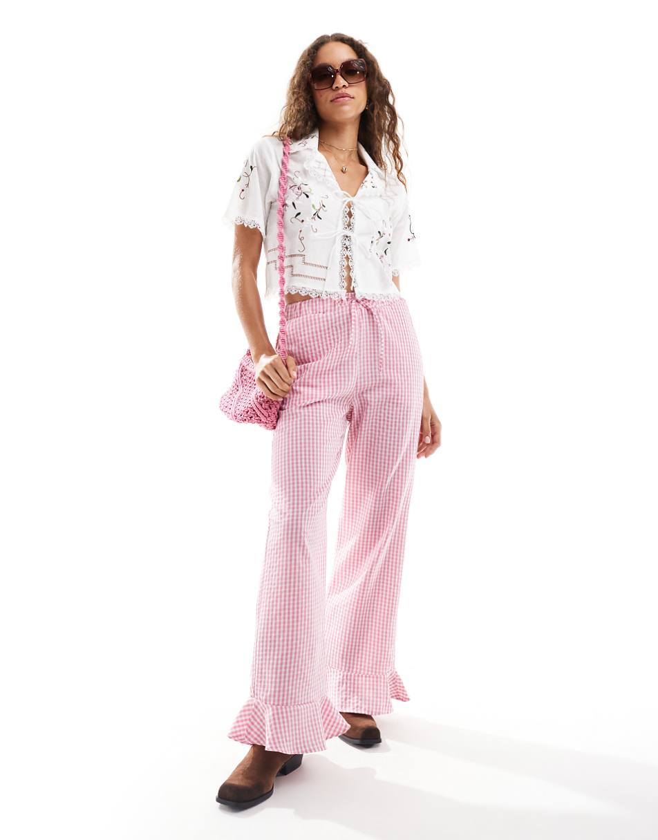 Reclaimed Vintage pull on pants with frill bottom in pink gingham