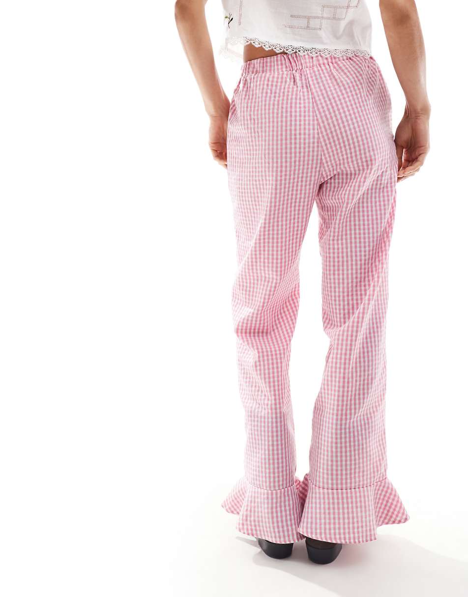 Reclaimed Vintage pull on pants with frill bottom in pink gingham