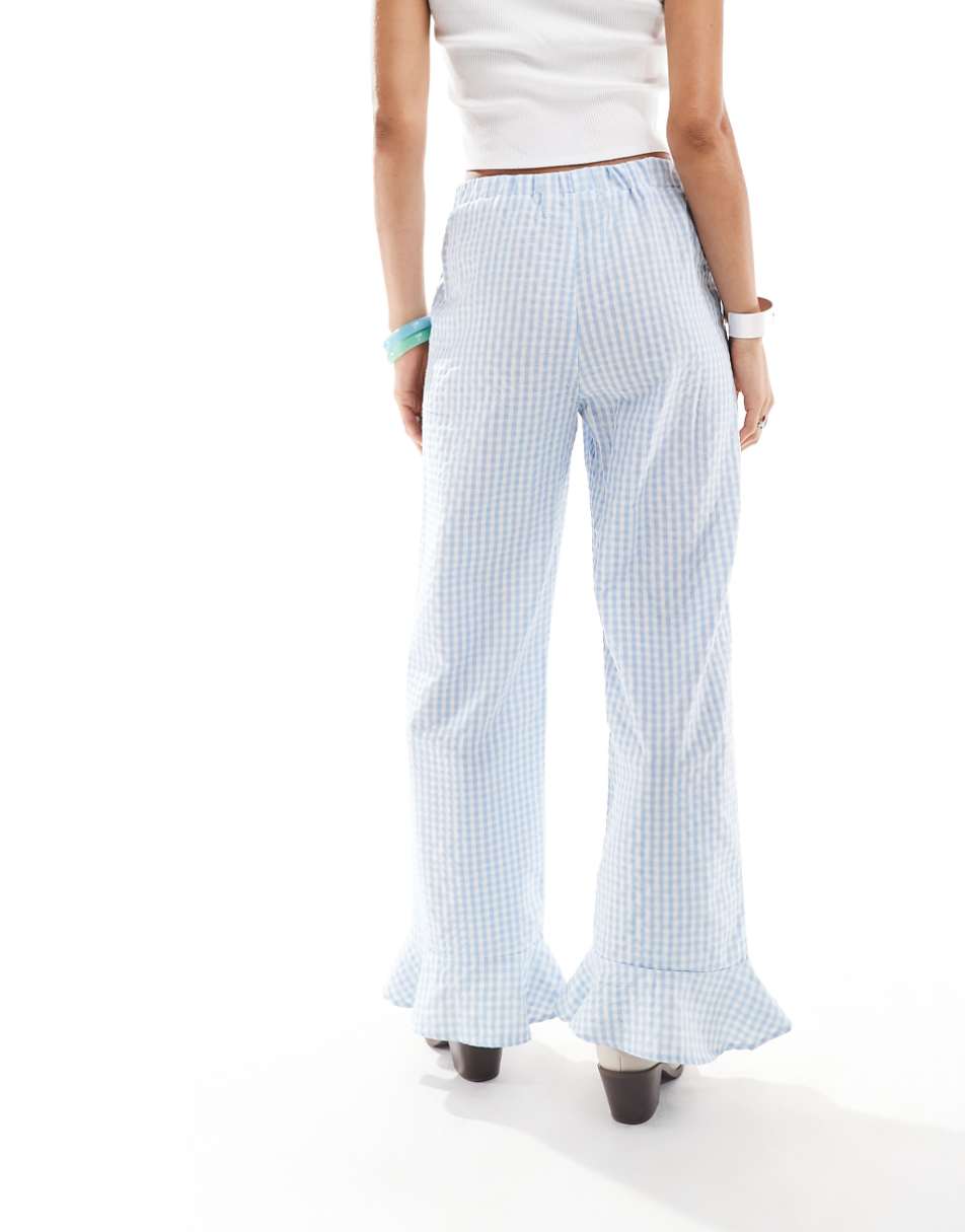 Reclaimed Vintage pull on pants with frill bottom in blue gingham