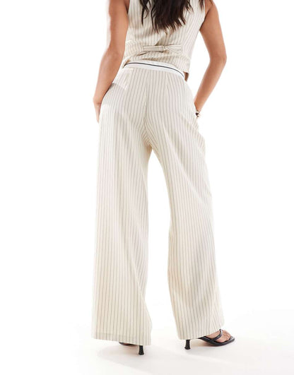 Extro & Vert Petite tailored pinstripe pants with asymmetric waistband in stone - part of a set