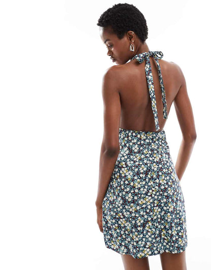 Motel Exclusive leana ditsy floral deep v mini dress in navy