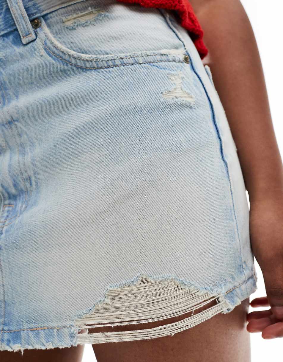 Pull&Bear distressed hem denim mini skirt in light blue