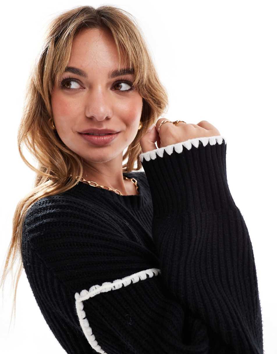 4th & Reckless contrast stitch dropped shoulder sweater in black