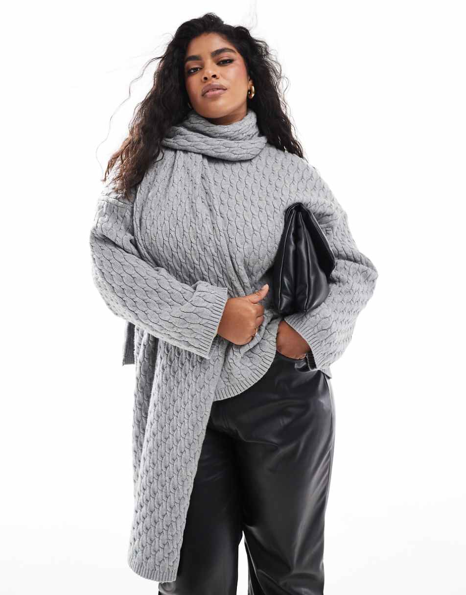 4th & Reckless Plus cable knit sweater with scarf in gray