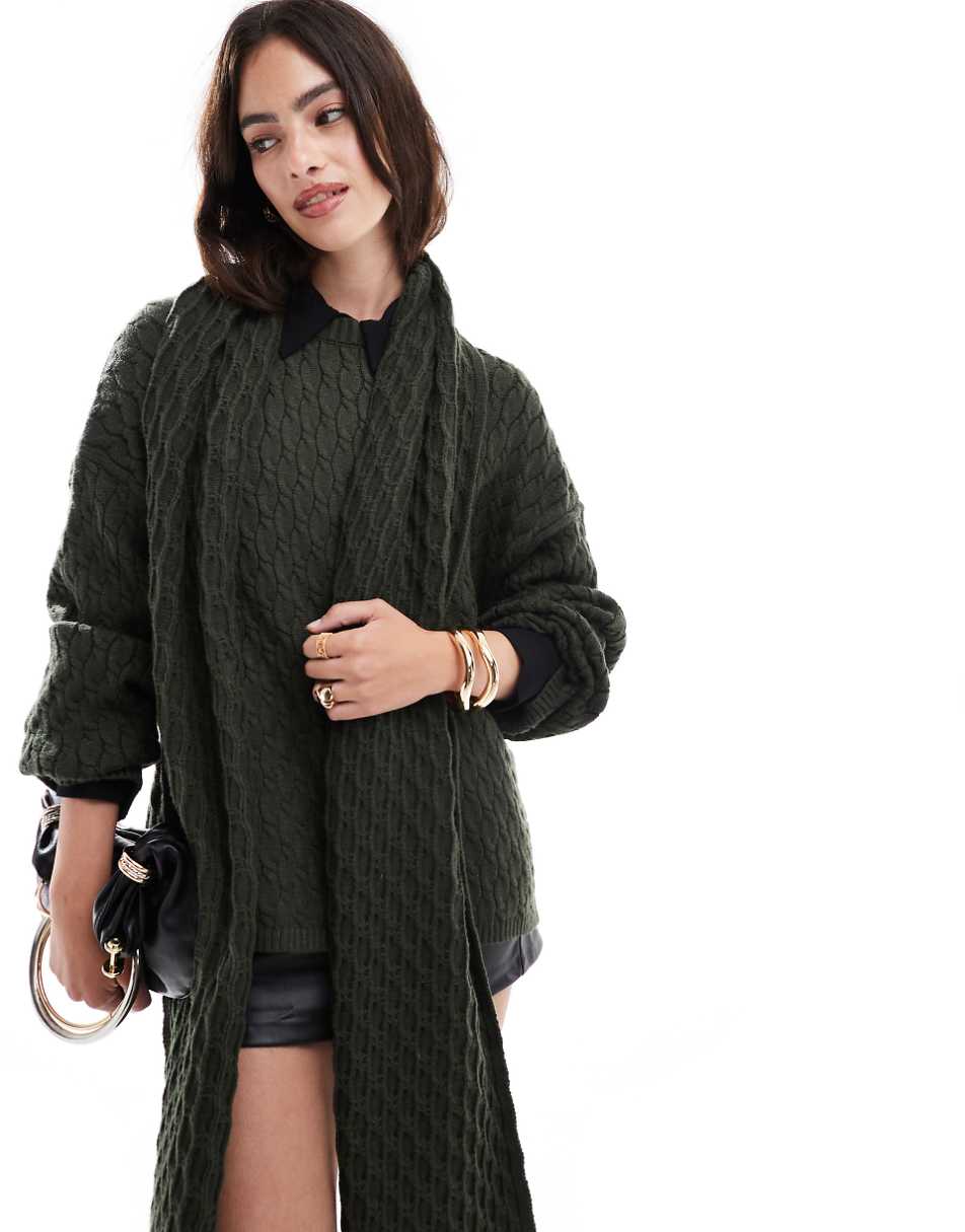 4th & Reckless cable knit sweater with scarf in khaki