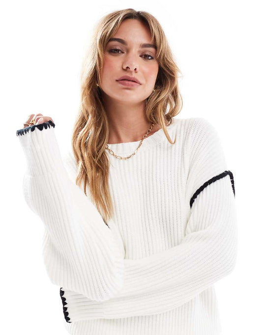 4th & Reckless contrast stitch dropped shoulder sweater in cream