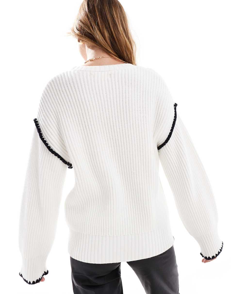 4th & Reckless contrast stitch dropped shoulder sweater in cream