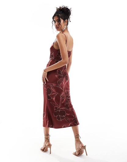 ASOS DESIGN scoop neck bias midi dress in burgundy floral print