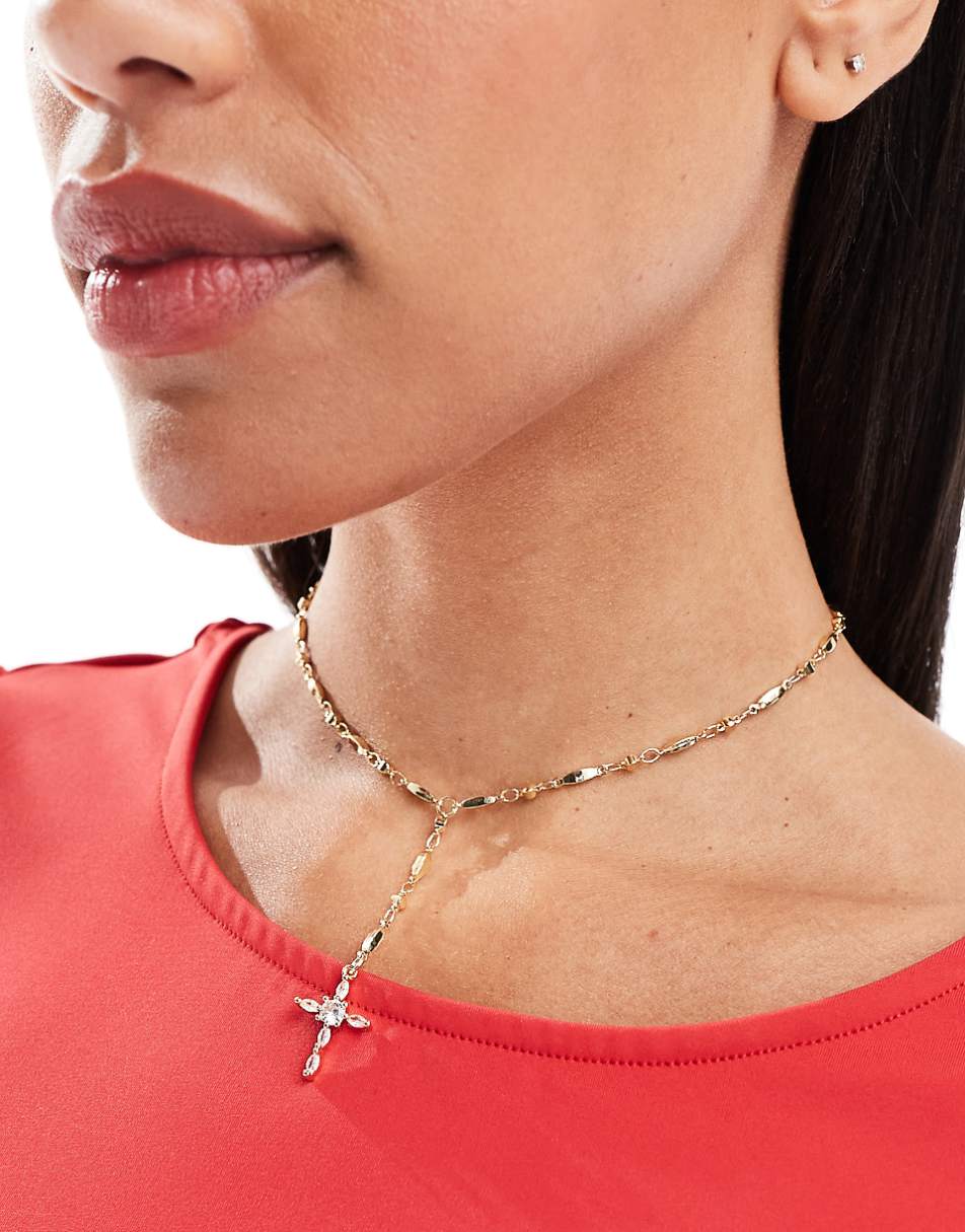 ASOS DESIGN necklace with crystal cross detail in gold tone