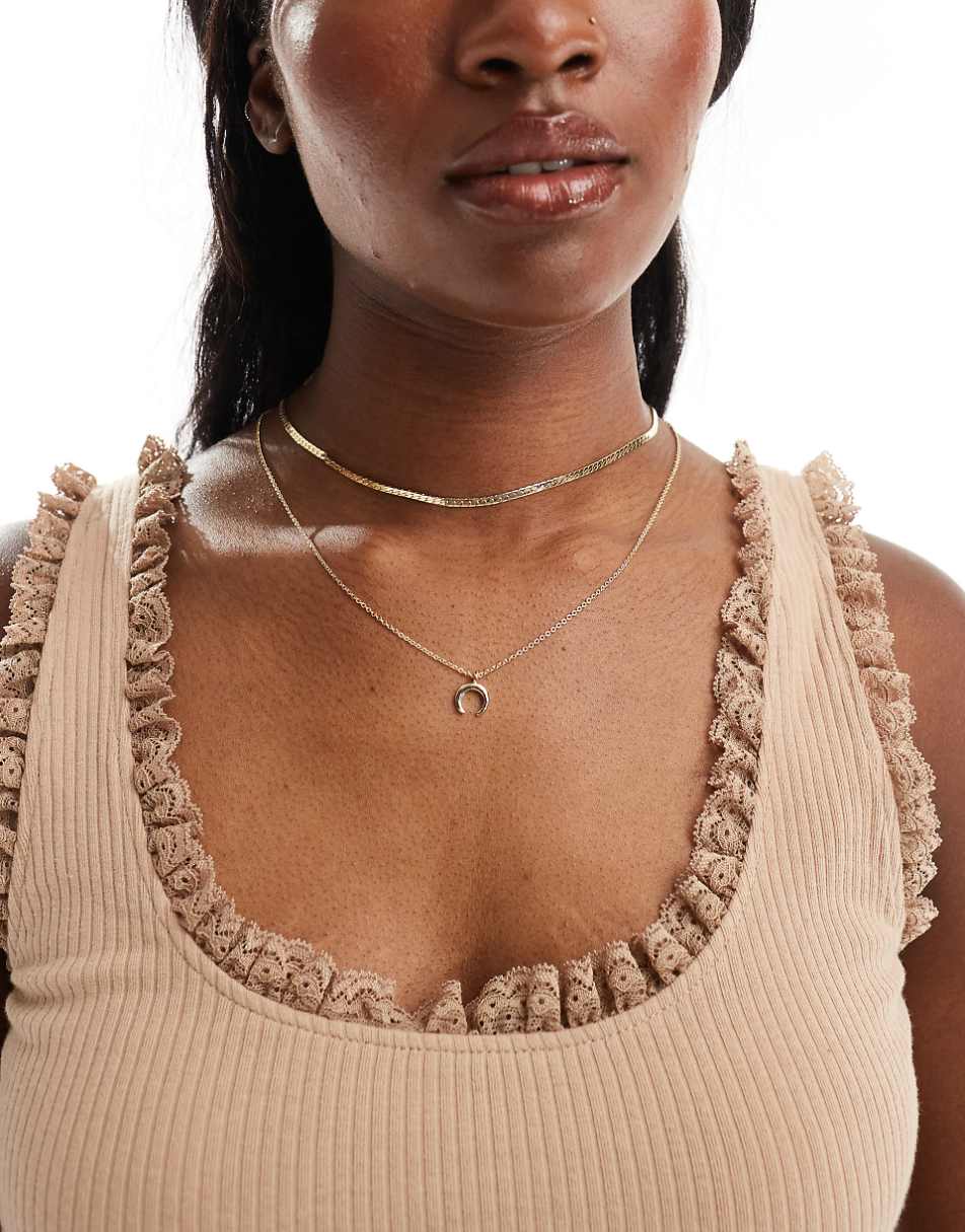 ASOS DESIGN multirow necklace with horn charm in gold tone