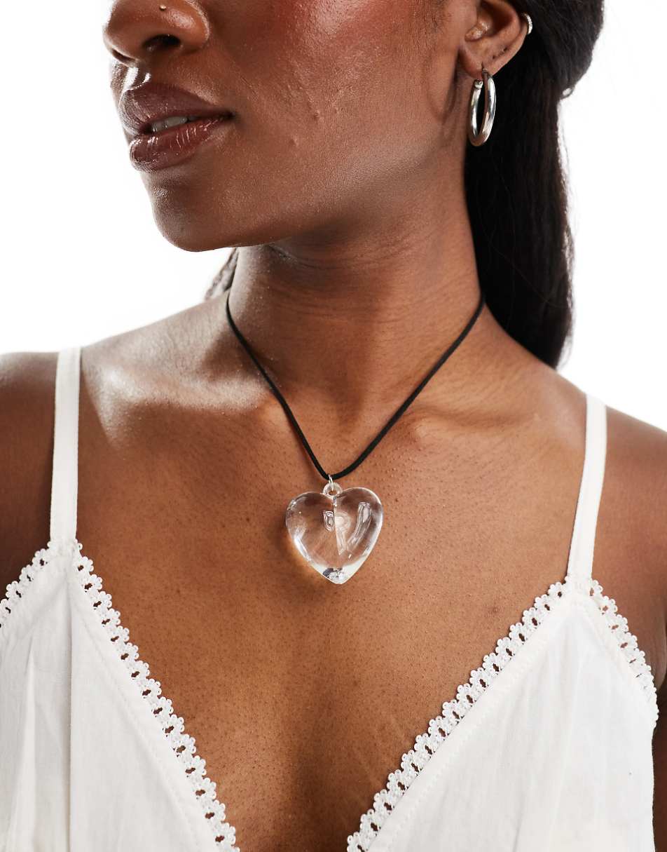 ASOS DESIGN necklace with cord detail and clear heart pendant