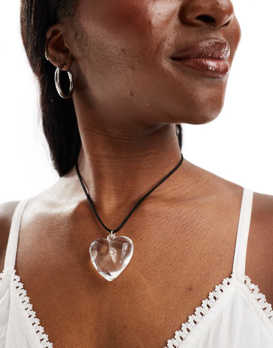 ASOS DESIGN necklace with cord detail and clear heart pendant