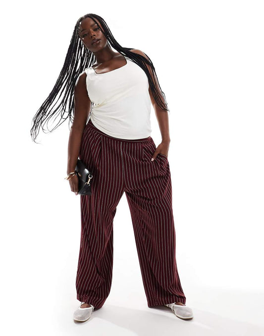 ASOS DESIGN Curve basic pull on pants in burgundy stripe