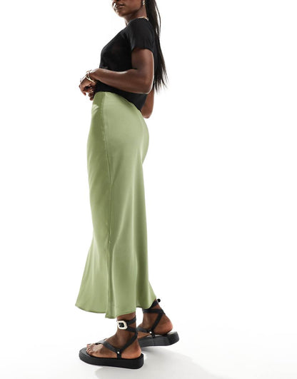 ASOS DESIGN satin bias midi skirt in khaki