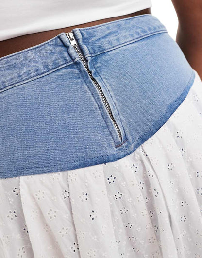 ASOS LUXE Curve ruffle denim shorts with eyelet in mid wash blue