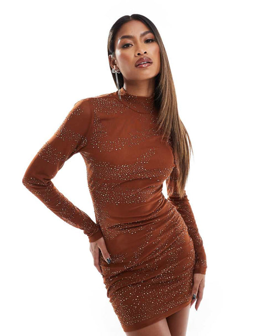 ASOS DESIGN artwork hotfix long sleeve mini dress in bronze