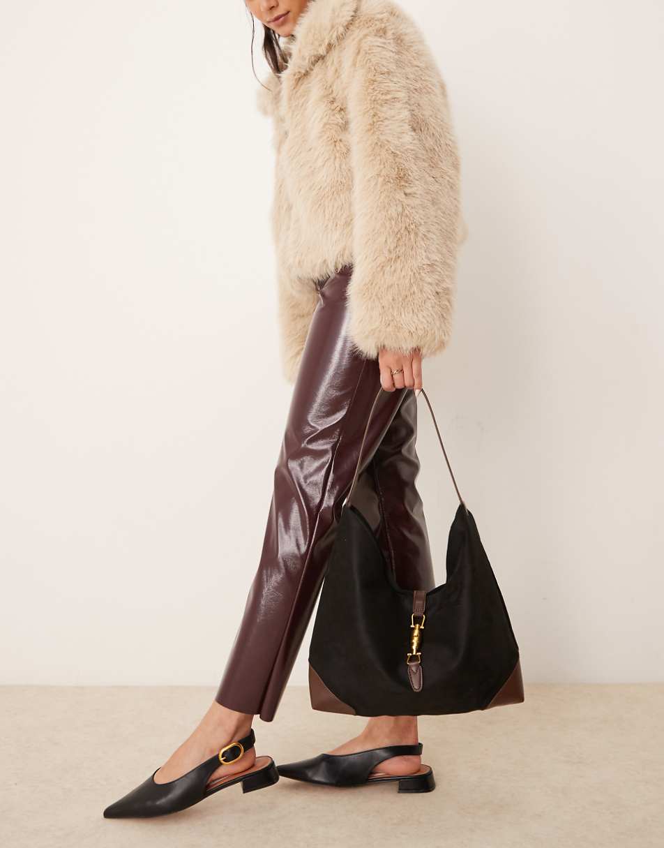 Glamorous faux suede panelled shoulder tote bag in black and tan