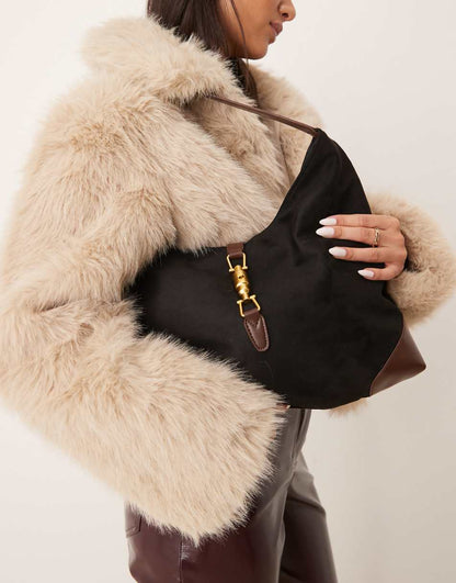 Glamorous faux suede panelled shoulder tote bag in black and tan