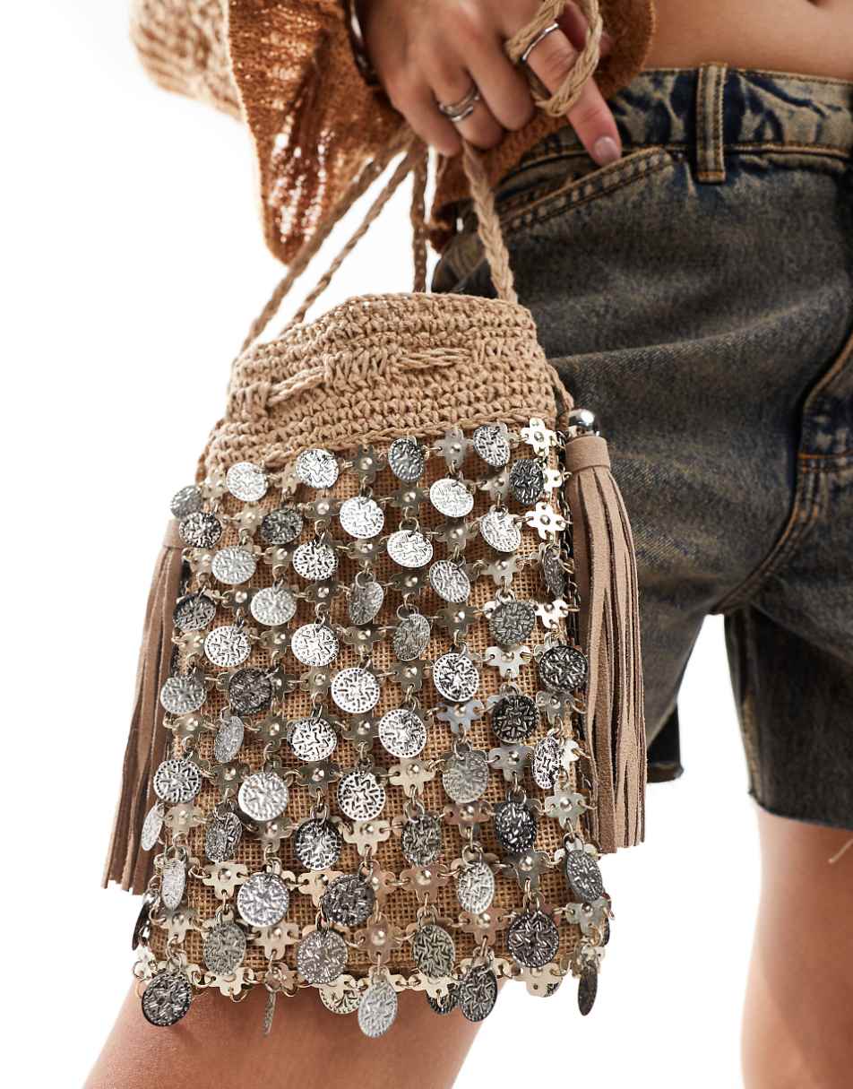 Free People sequin side bag with tassles in sand
