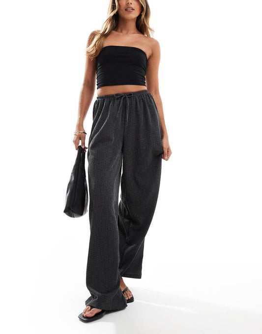 Pull&Bear textured wide leg drawstring pants in charcoal gray