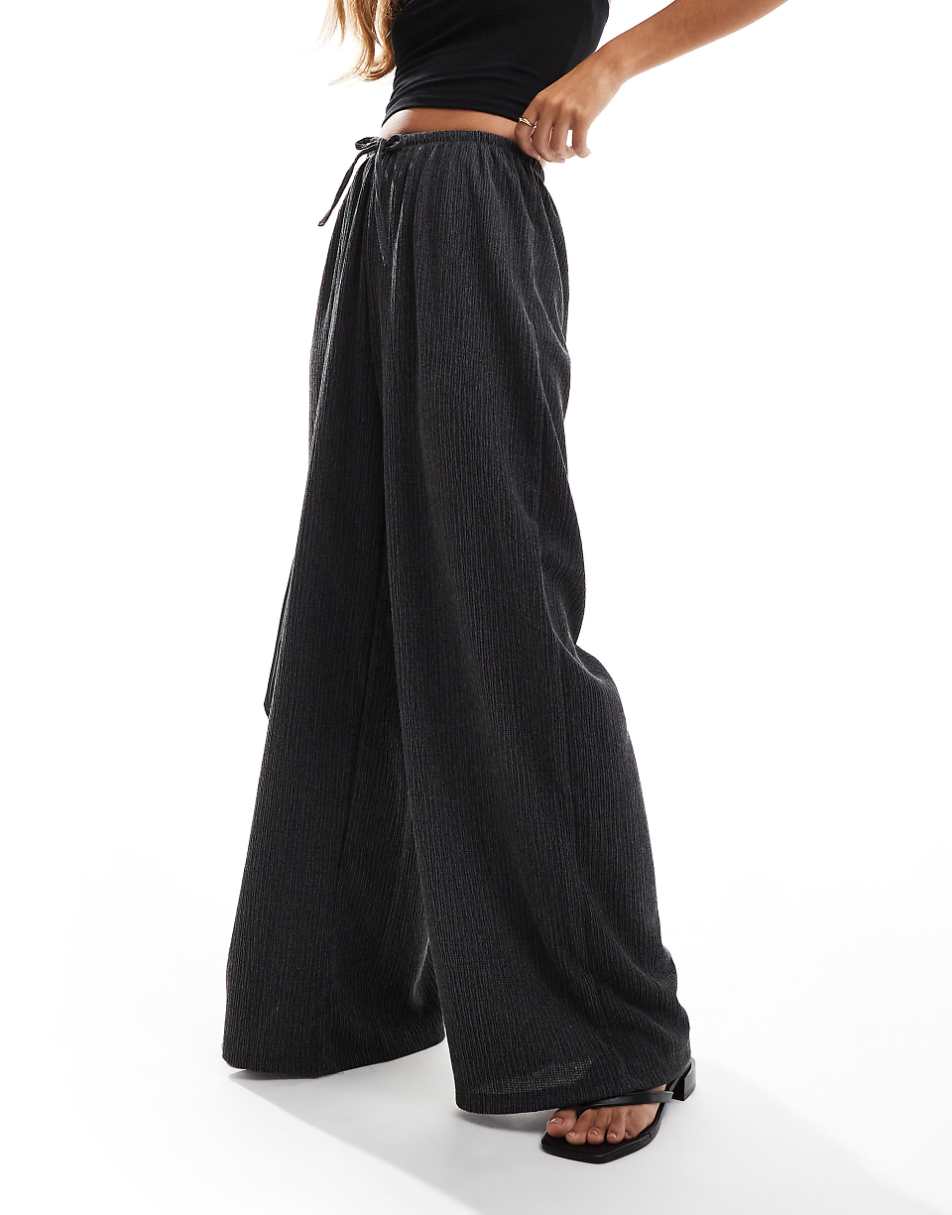 Pull&Bear textured wide leg drawstring pants in charcoal gray