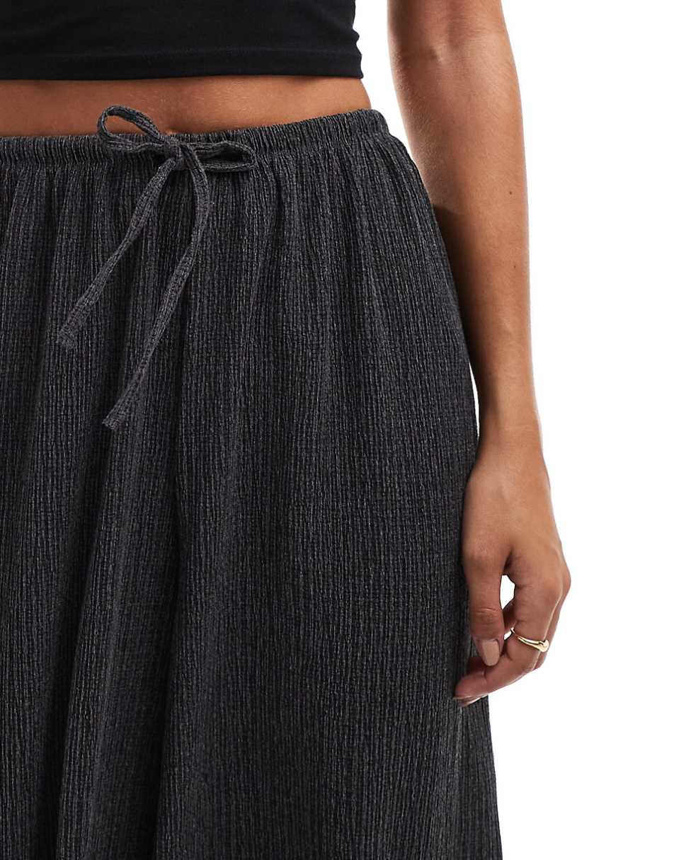 Pull&Bear textured wide leg drawstring pants in charcoal gray