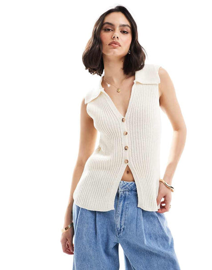 ASOS DESIGN rib knit vest with collar detail in cream