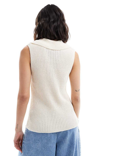 ASOS DESIGN rib knit vest with collar detail in cream