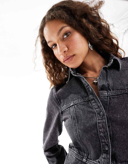 Monki long sleeve denim paneled mini shirt dress in washed black