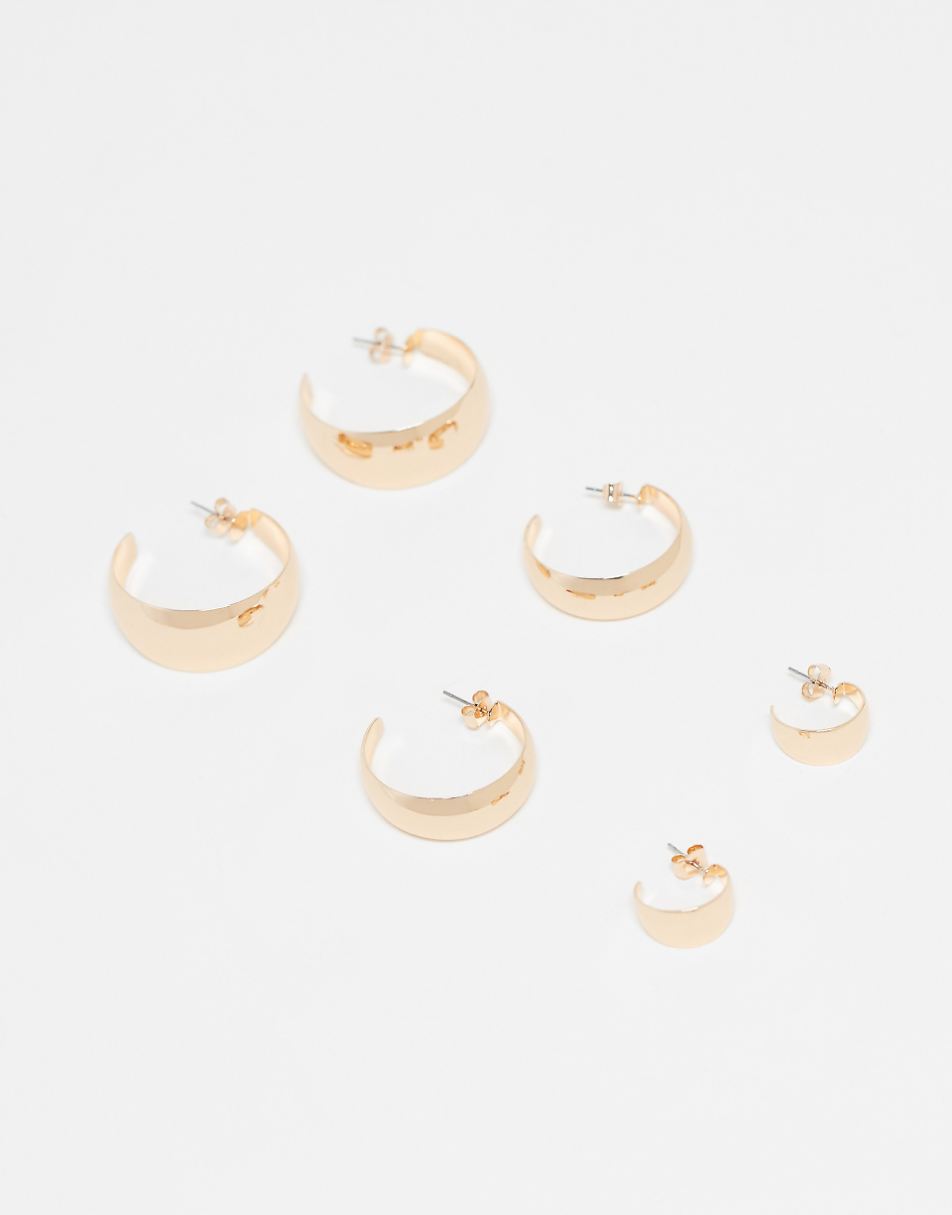 Monki 3 pack chunky wide hoops in gold