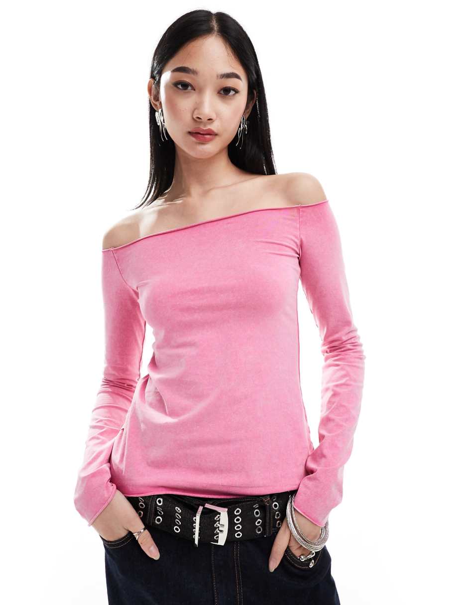 Monki off the shoulder relaxed fit long sleeve top in pink