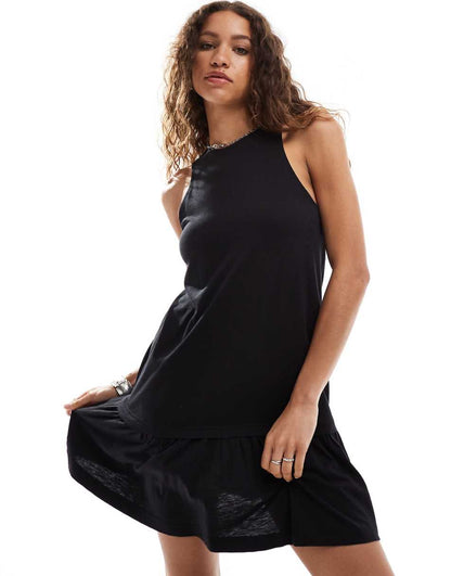 Monki sleeveless jersey mini dress with drop waist in black