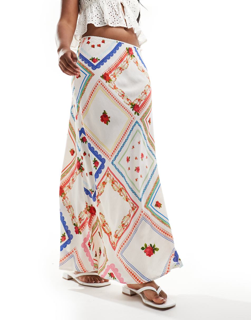 ASOS DESIGN linen-look bias cut maxi skirt in picnic print - part of a set