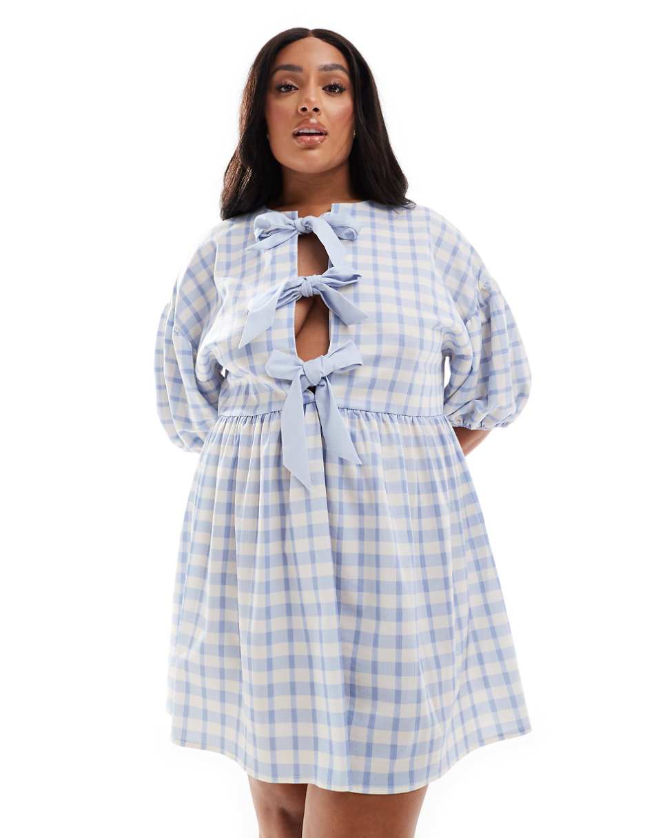 ASOS DESIGN Curve puff sleeve tie front mini dress in blue gingham print