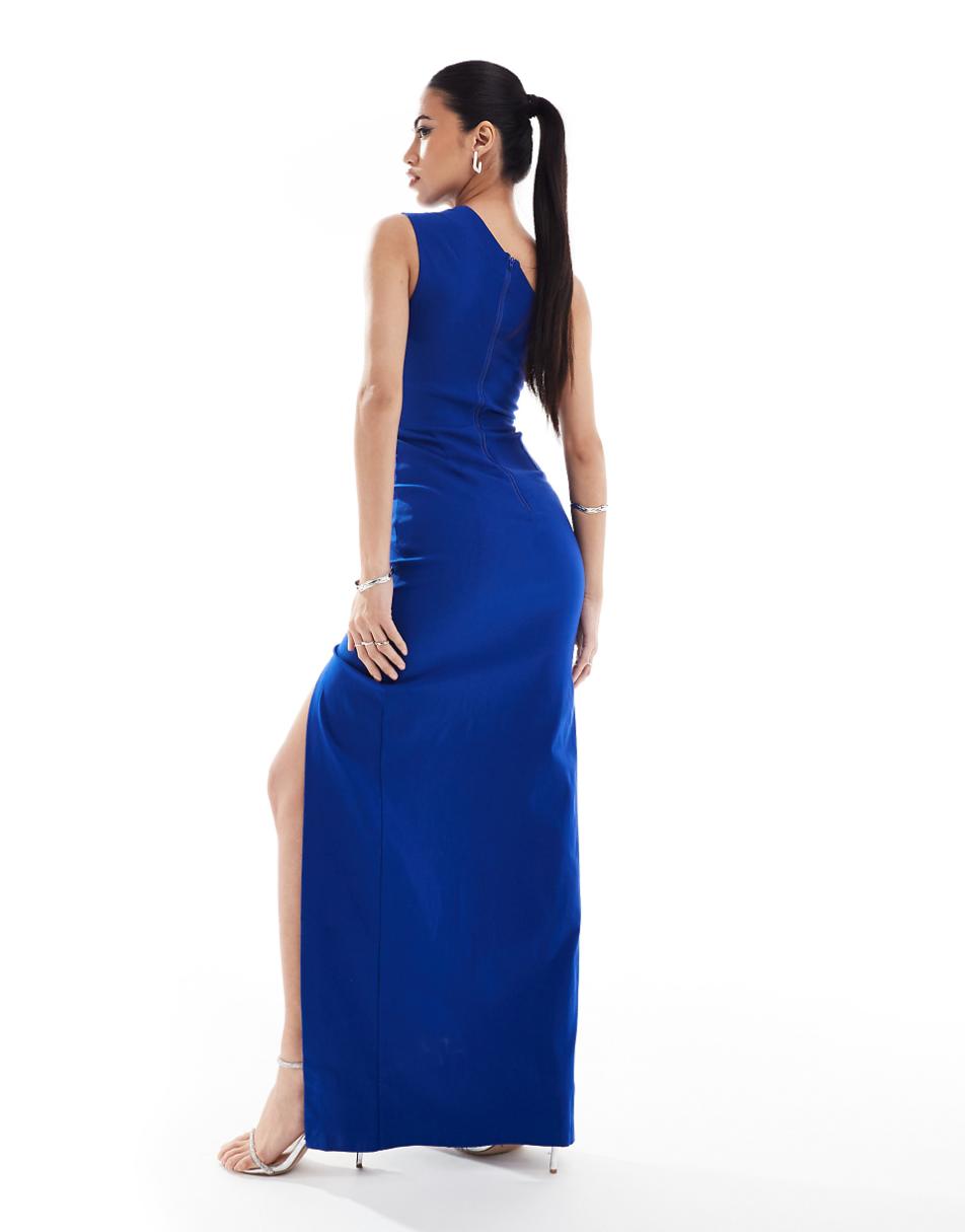 Vesper one shoulder thigh split detail maxi dress in cobalt