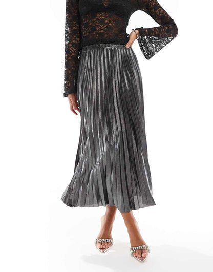 ONLY pleated maxi skirt in grey metallic