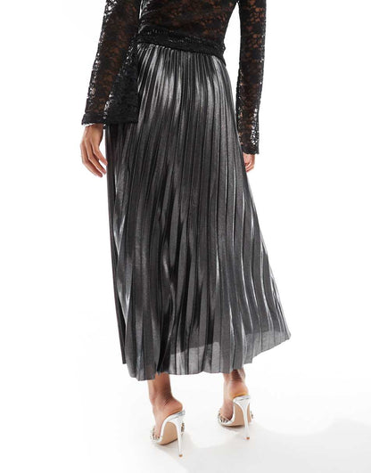 ONLY pleated maxi skirt in grey metallic
