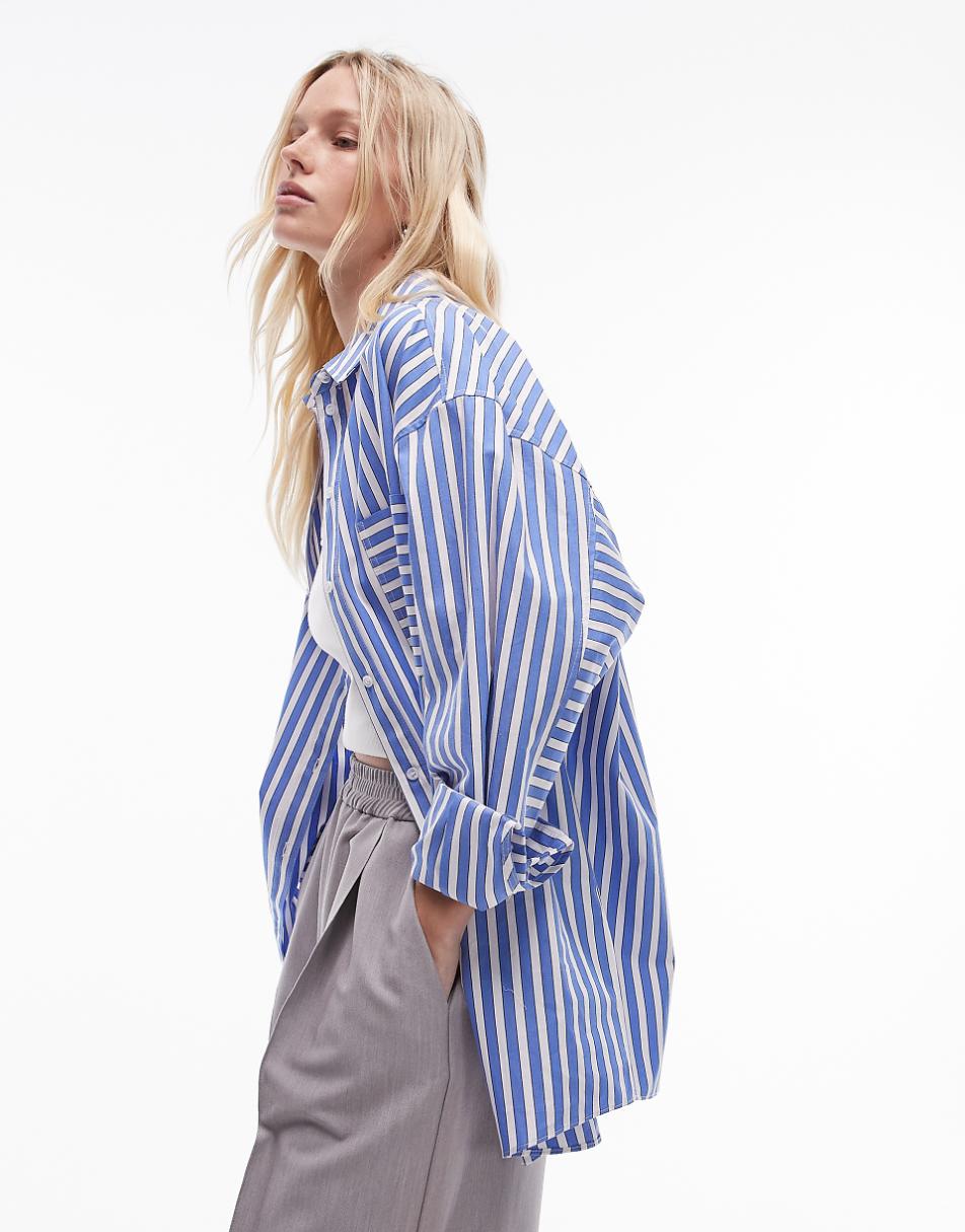 Topshop oversized shirt in blue wide stripe