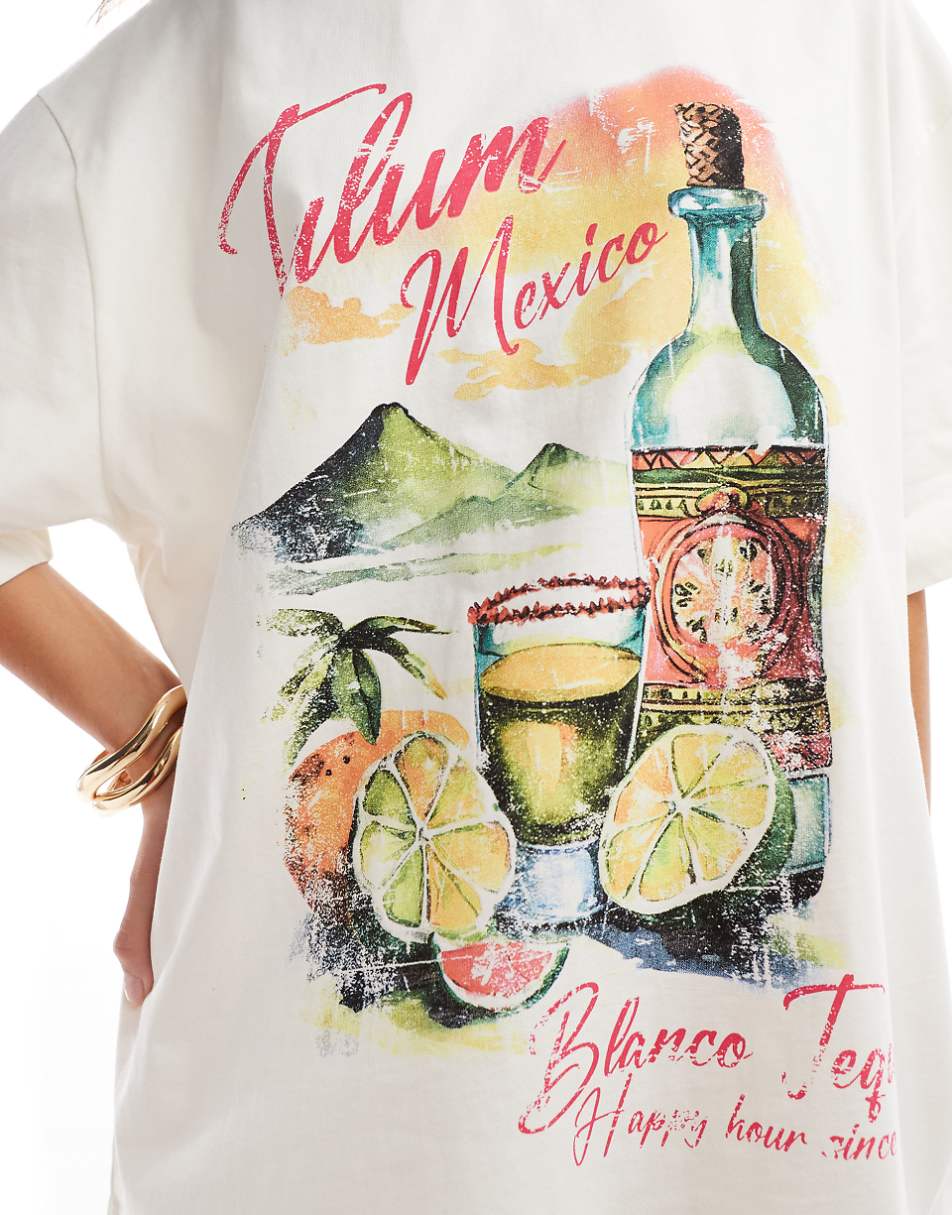 ASOS DESIGN boyfriend fit t-shirt with tequila drink Tulum graphic in cream