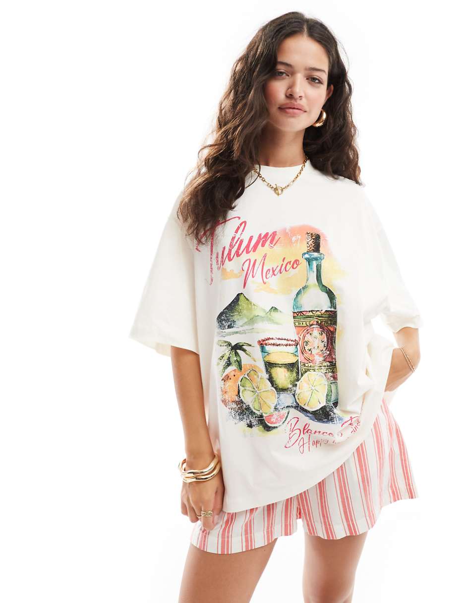 ASOS DESIGN boyfriend fit t-shirt with tequila drink Tulum graphic in cream