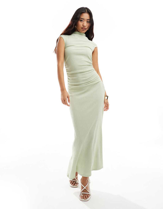 ASOS DESIGN grown on neck short sleeve ruched midi dress in sage green