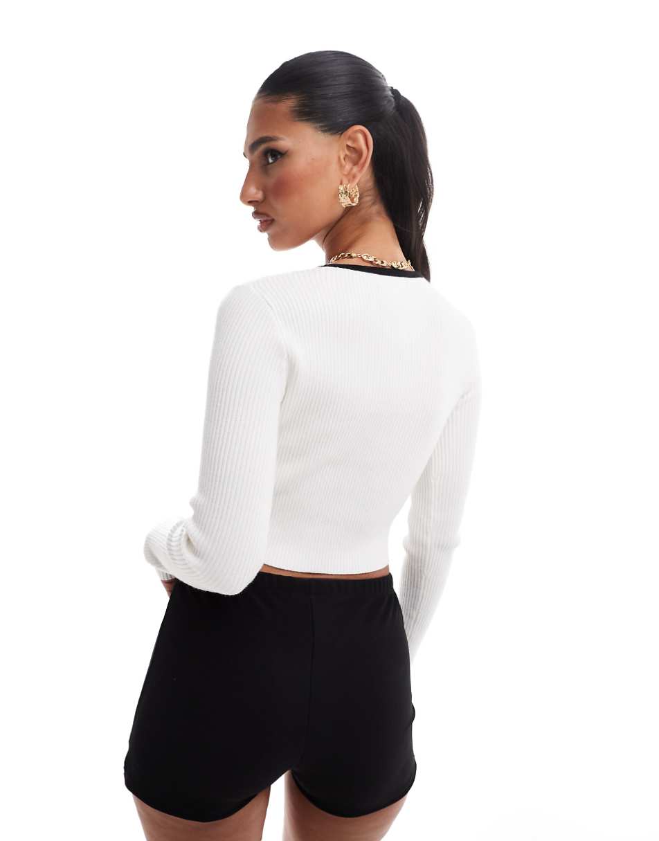 The Frolic contrast ribbed bow detail cropped cardigan in cream