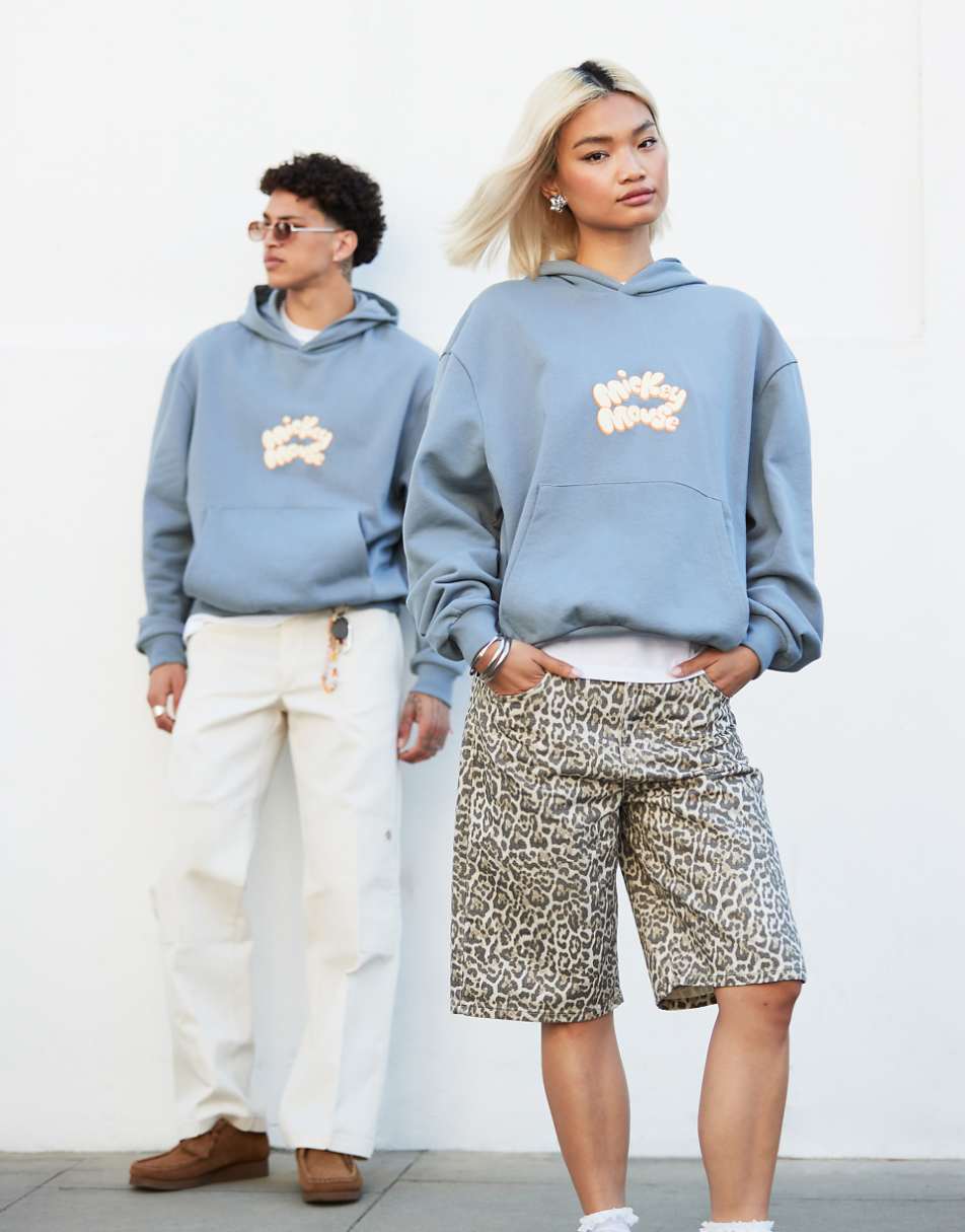 ASOS DESIGN Disney unisex oversized boxy fit hoodie with Mickey Mouse prints in gray