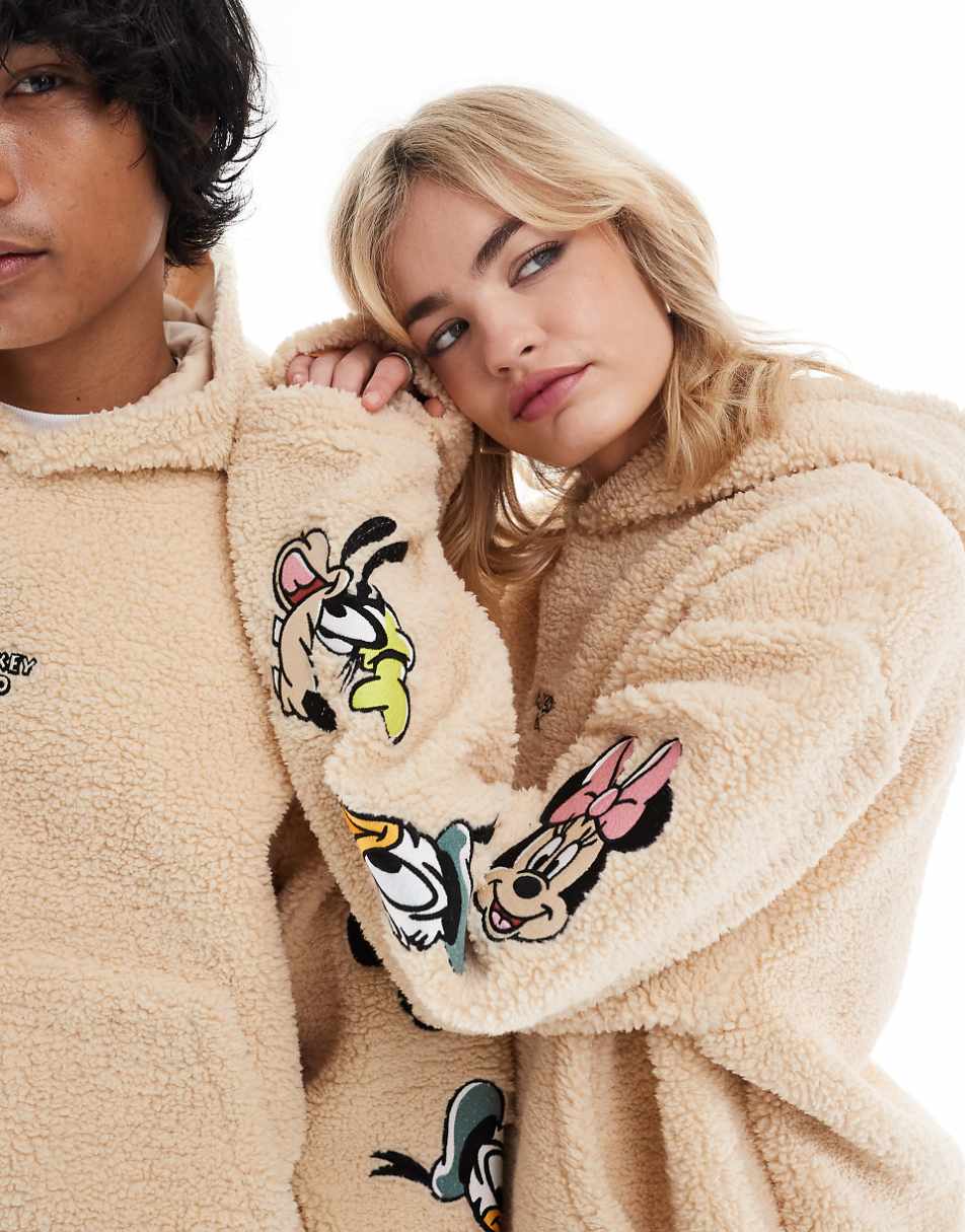 ASOS DESIGN Disney unisex oversized borg boxy hoodie with Mickey Mouse & Friends embroidery in beige