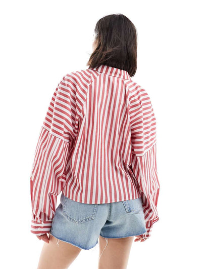 ASOS DESIGN spliced detail volume sleeve shirt in red stripe