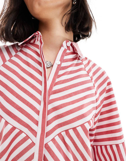ASOS DESIGN spliced detail volume sleeve shirt in red stripe